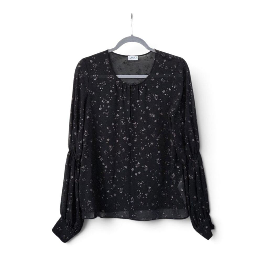 Liu Jo Milano Black Sheer Star Rose Glitter Print Blouse Bell Sleeve Size Medium